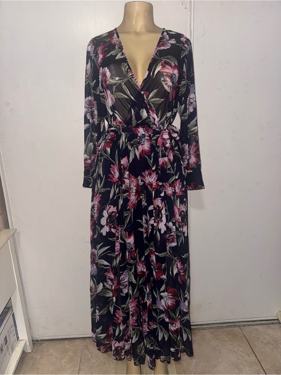 Alexa B Nites Dresses & Skirts - Black Floral Wrap Maxi Dress with Pink Blooms and Tie Waist